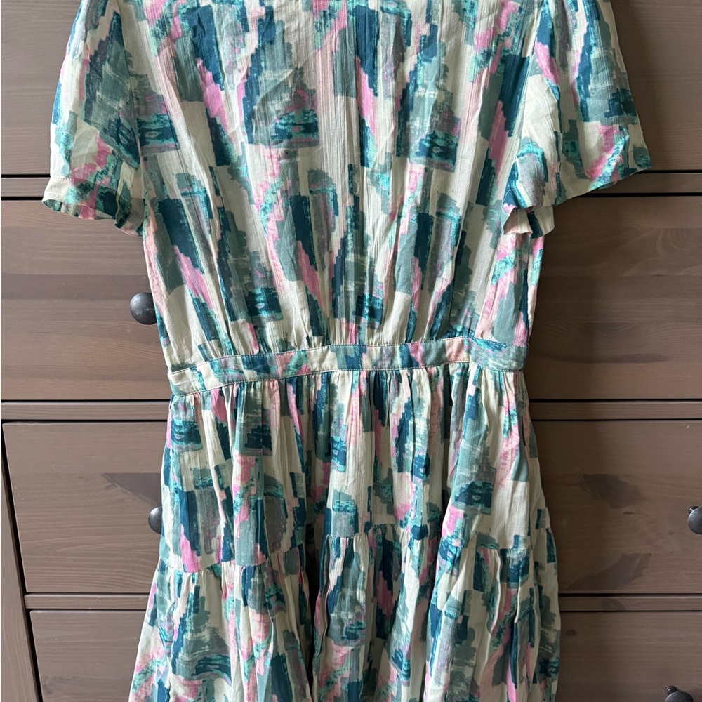 ba&sh Blue Green Puff Sleeve V-Neck Sundress - Picture 3 of 4